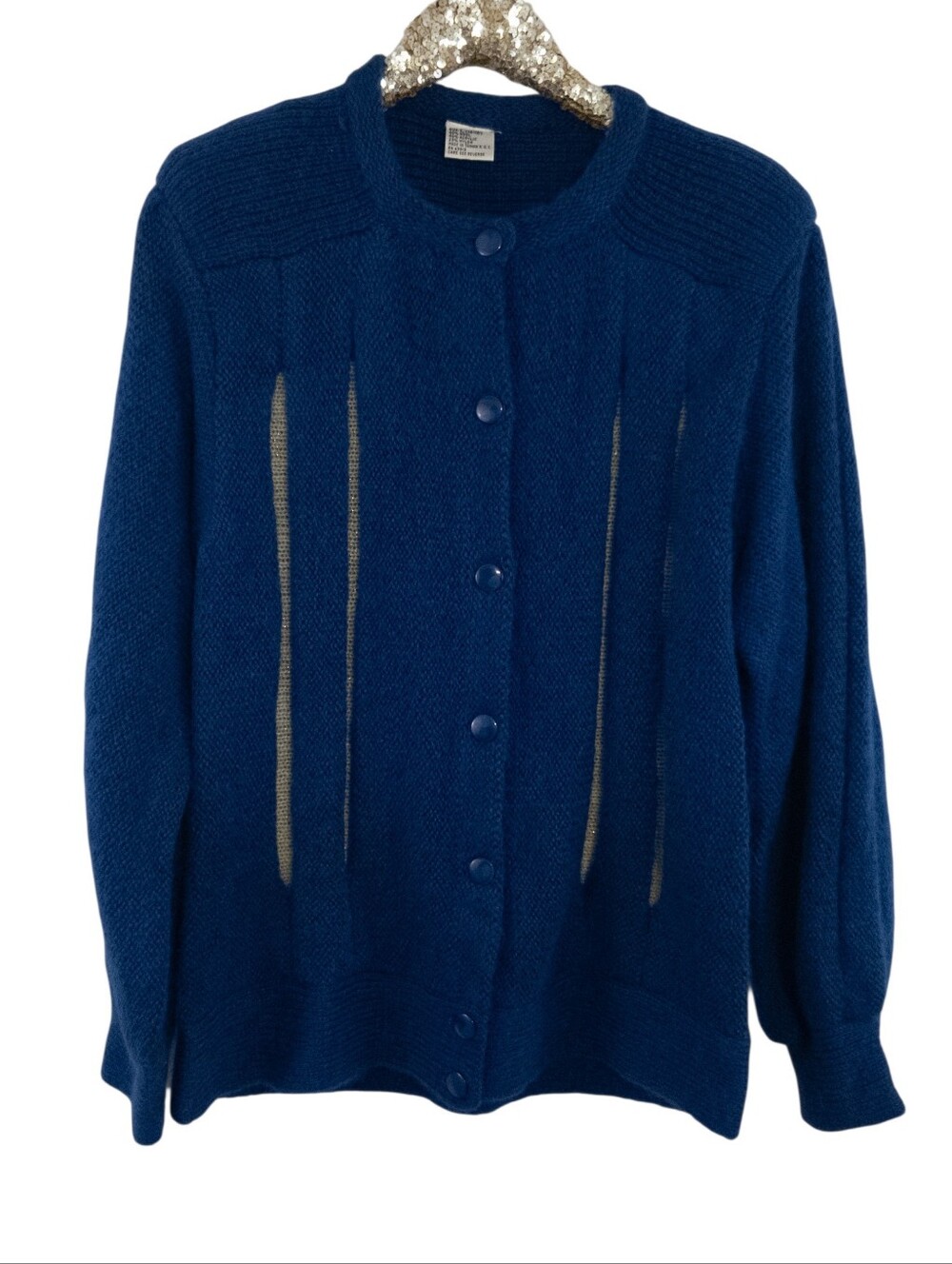 Vintage 80s Womens Blue White Wool Peekaboo Cardigan Sweater Size Large Cry Baby